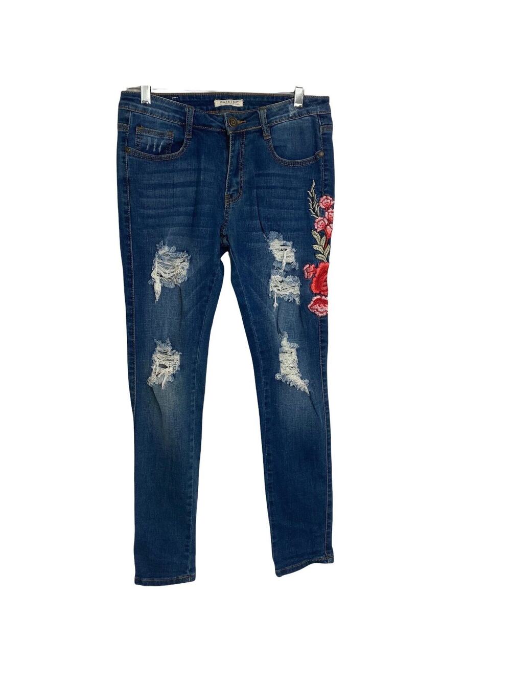 Machine Jeans Womens Juniors 7 Embroidered Rose Distressed Skinny Denim Jeans